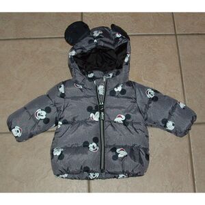 LIKE NEW Boys Sz 6 Months MICKEY MOUSE Removeable Hood Full Zip Puffer Coat H&M